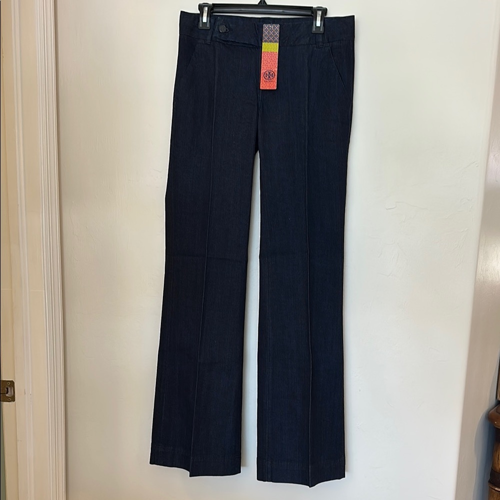 NWT Tory Burch Trouser Jean sz 28  Left Hand Rinsed Dark Blue Flare & Wide Leg